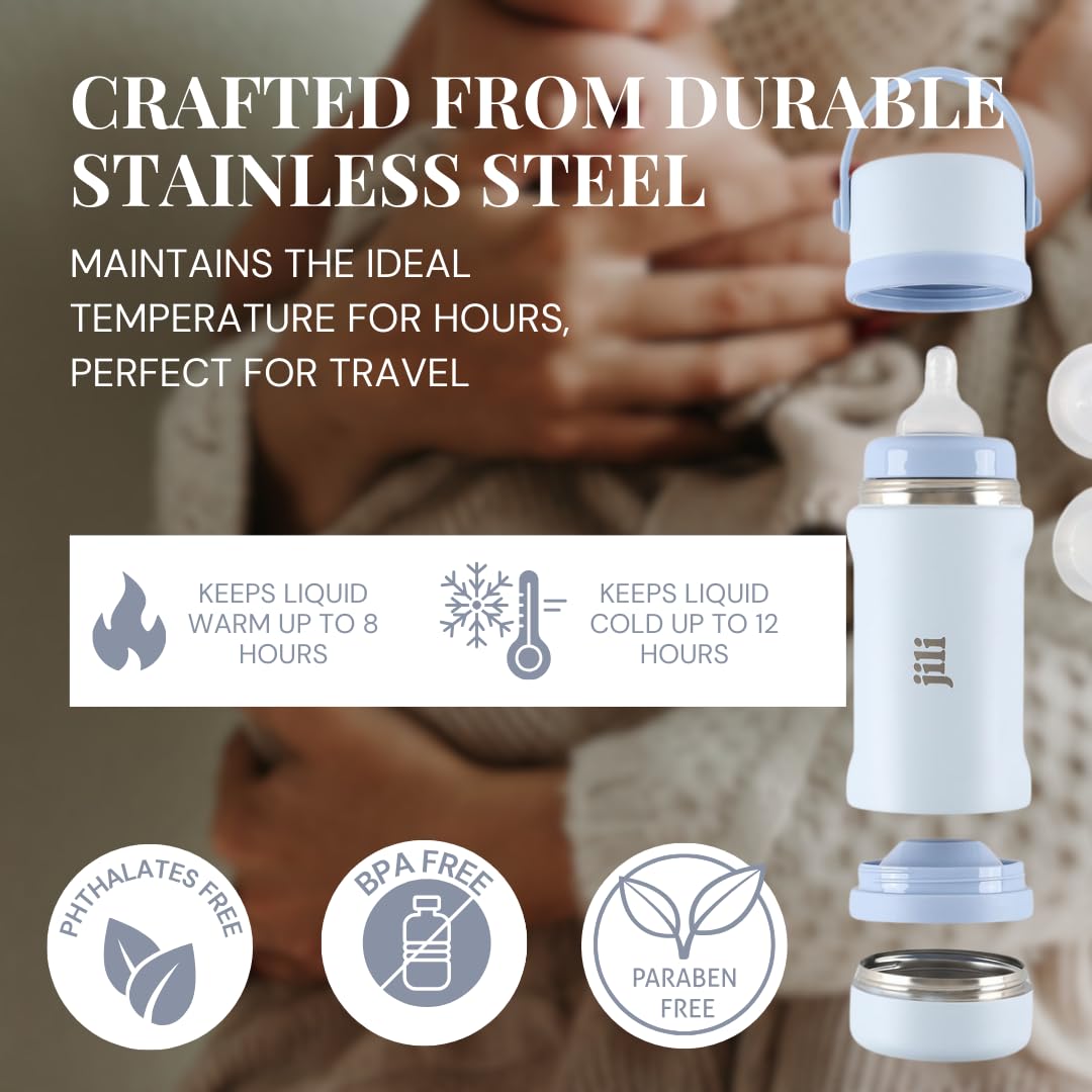 Jili Biberón todo en uno, botella de acero inoxidable aislada con contenedor para fórmula, tetina anticólicos y tapa a prueba de fugas, artículos esenciales para bebé para viajar, libre de BPA
