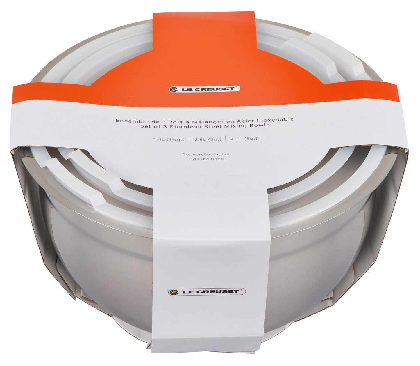 Le Creuset - Juego de 3 cuencos para mezclar anidados con base de silicona antideslizante y tapas herméticas de plástico, tamaño grande, acero inoxidable