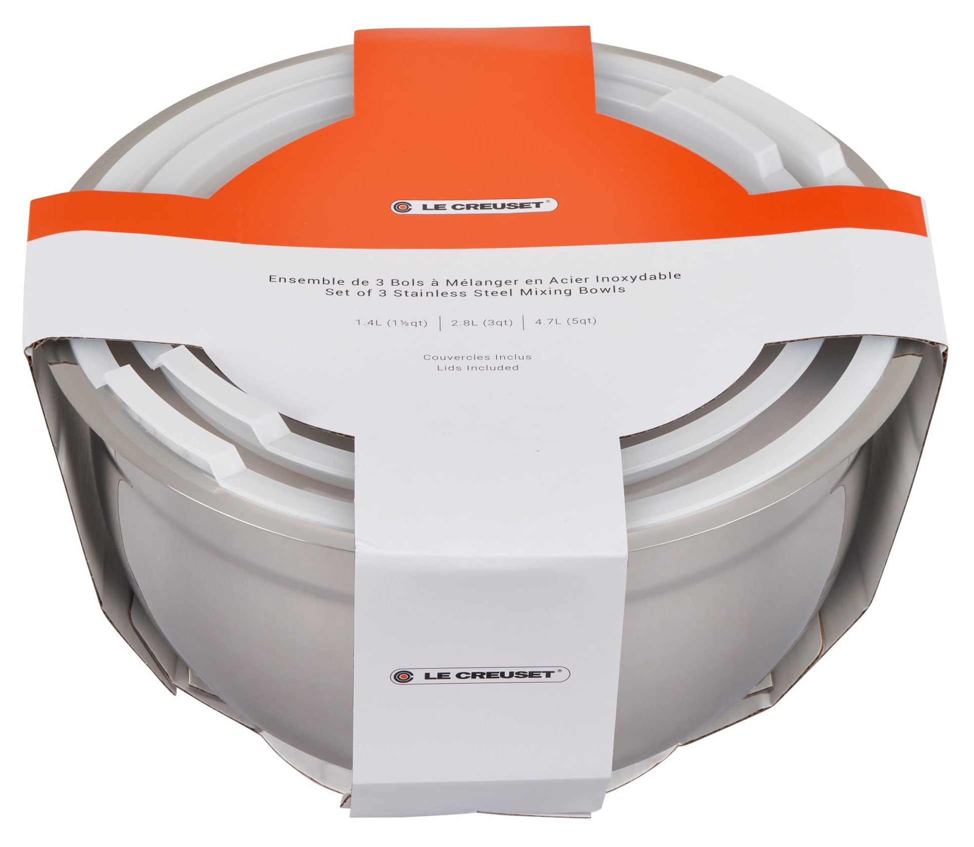 Le Creuset - Juego de 3 cuencos para mezclar anidados con base de silicona antideslizante y tapas herméticas de plástico, tamaño grande, acero inoxidable