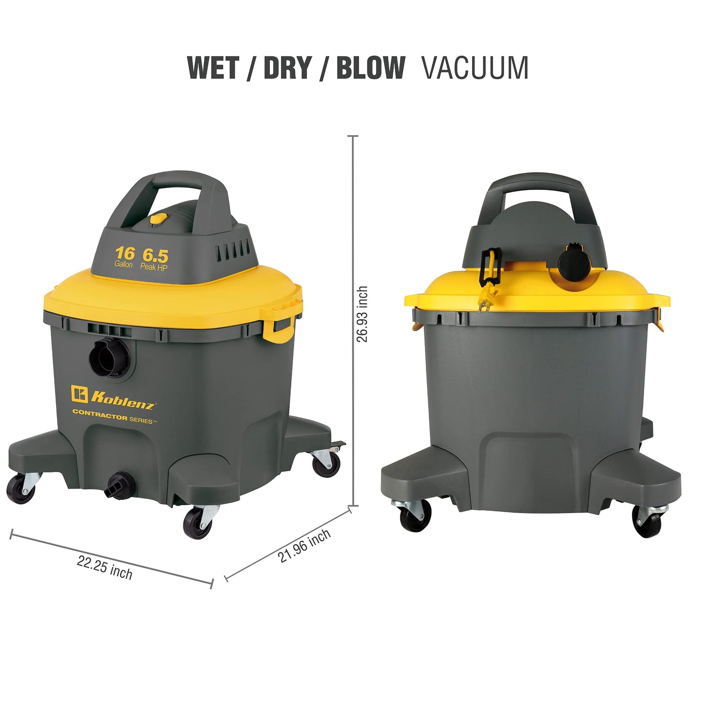 Aspiradora Húmeda y Seca Koblenz Gris Amarillo Serie 35 pies 6.5HP 16 galones