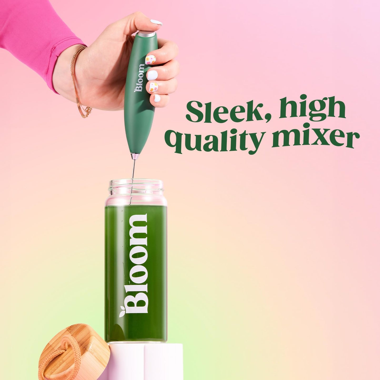 Bloom Nutrition - Espumador de leche, mezclador de mano, eléctrico, agitador de bebidas de mano, varita espumadora, máquina de espuma para café, Matcha, proteínas, verdes, acero inoxidable, funciona