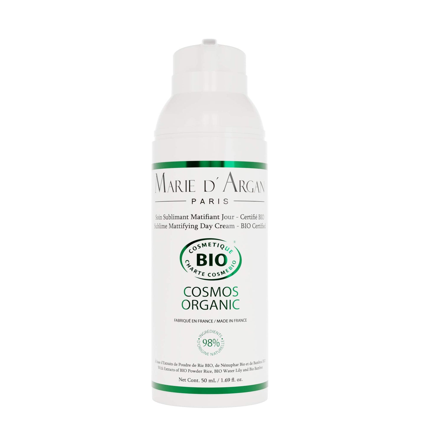 Tratamiento Matificante Día Marie d'Argan, Natural, Orgánico, Vegano, Disminuye Manchas, Unifica el Tono, Controla el Brillo, Antiedad