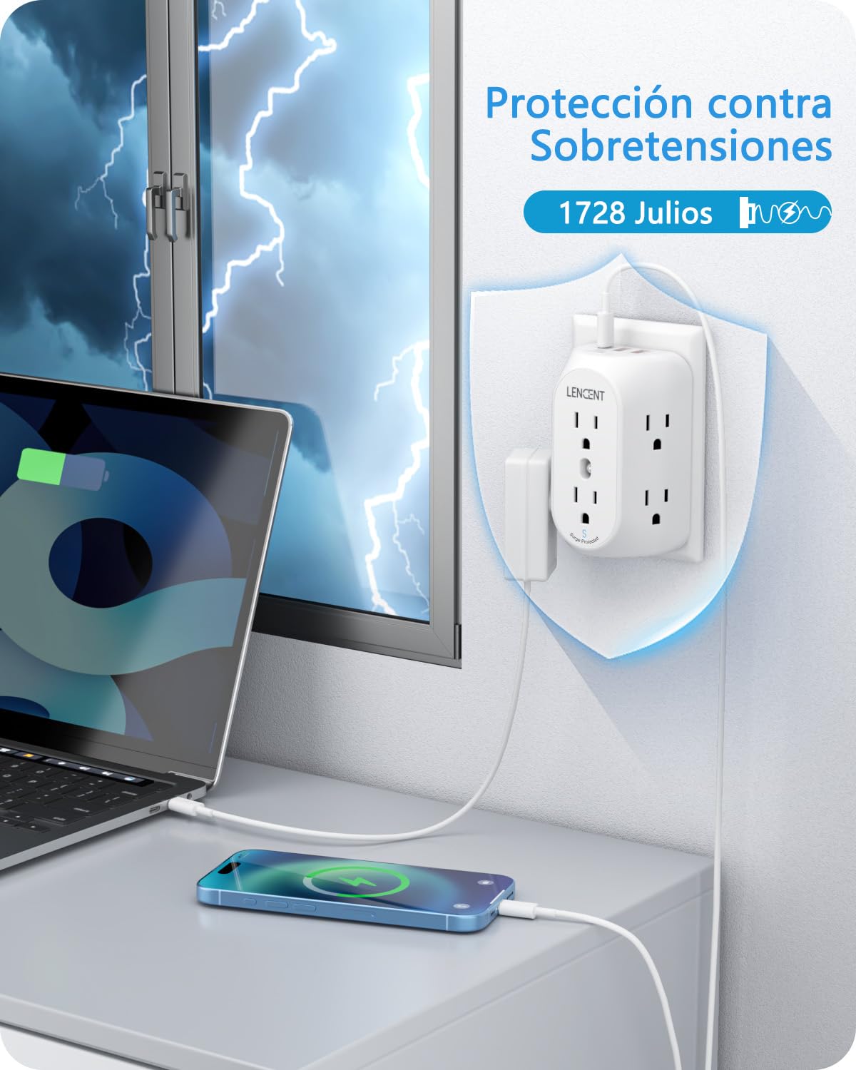 LENCENT Multicontacto Pared USB, Adaptador de Enchufe 3 a 2 Clavijas con 6 Tomas AC, Puerto PD 20W y 2 Puertos USB A, 1728J Protección contra Sobretensiones, Contactos de Pared para Hogar Oficina