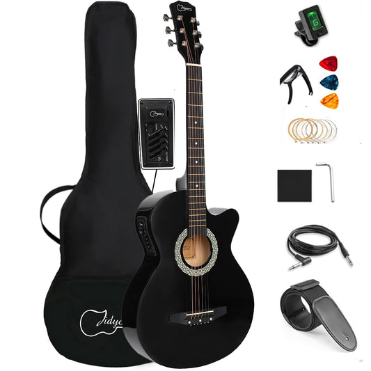 38 inch Electroacústica Guitarra Guitarra acustica con Afinadores,Correas,Cuerdas para Instrumentos,Plumillas,Cable amplificador guitarra,soul,Fundas para Guitarras 3/4(Black)