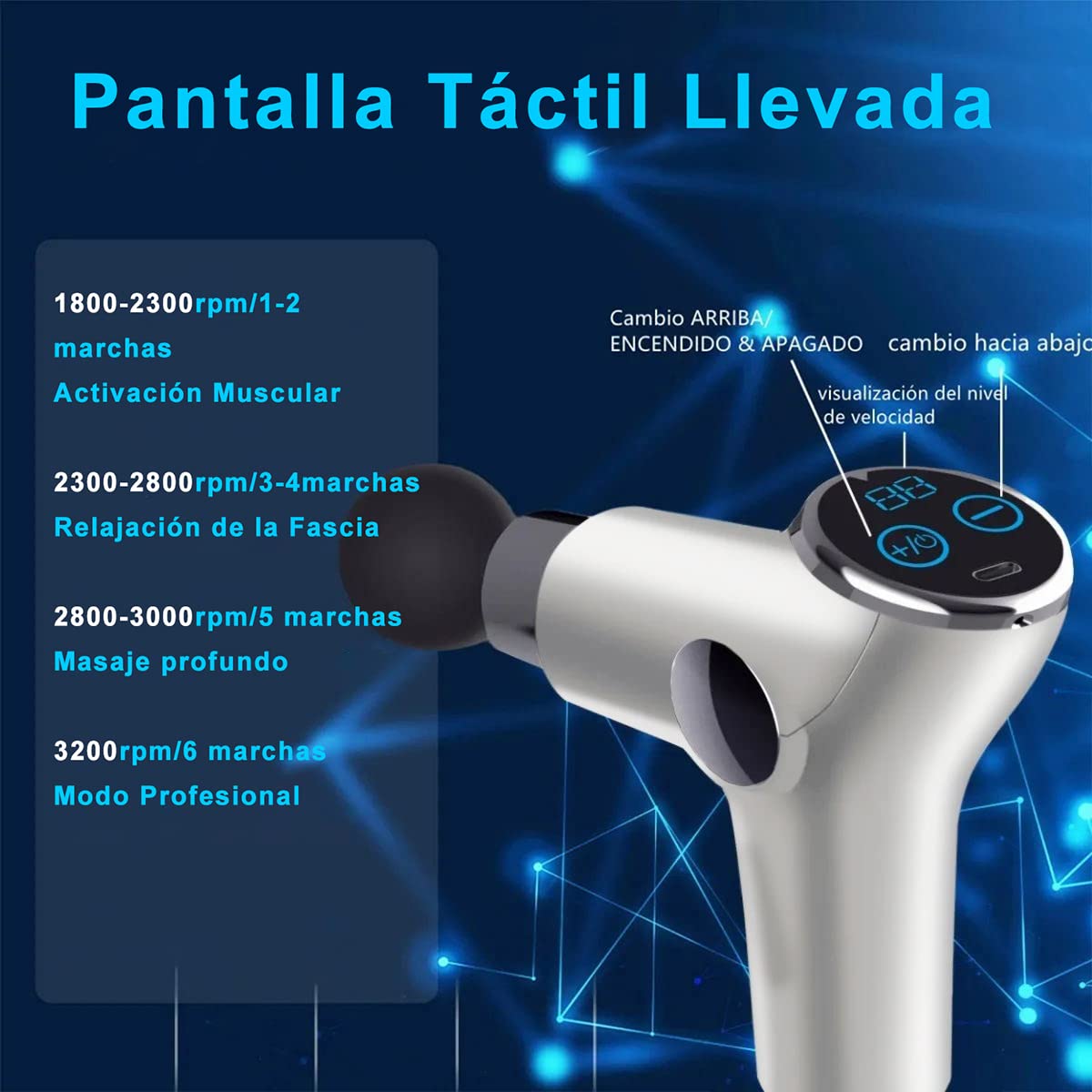 Pistola de Masaje con 32 Niveles Ajustables, 8 Cabezales de Pistola Masaje Muscular, USB Recargable, Ultra Silenciosos y Pantalla Táctil LCD Pistola Masajeadora para aliviar el Dolor y la rigidez de los músculos