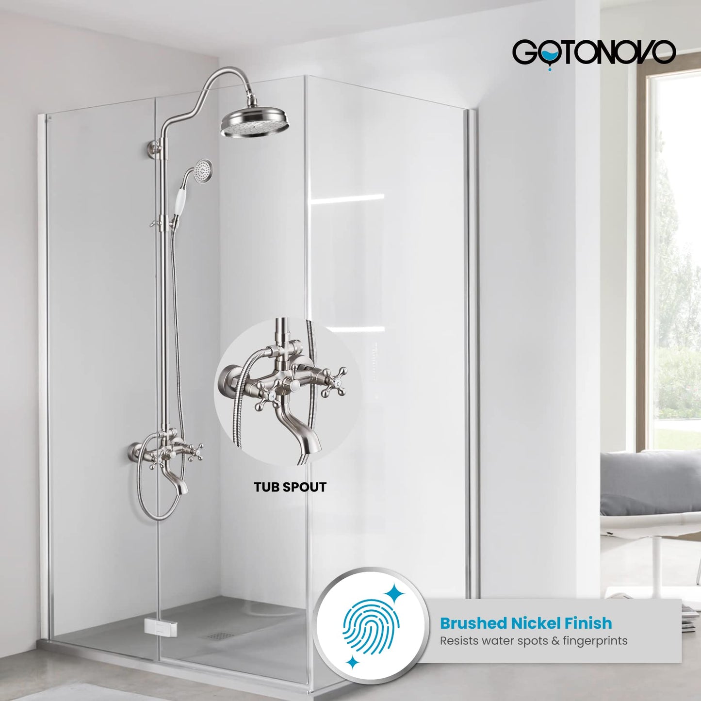 Gotonovo - Sistema de ducha de baño expuesto, accesorio de ducha clásico de 8 pulgadas, cabezal de ducha de lluvia de mano, llenador de tina de latón de 3 funciones, montaje en pared, doble perilla de