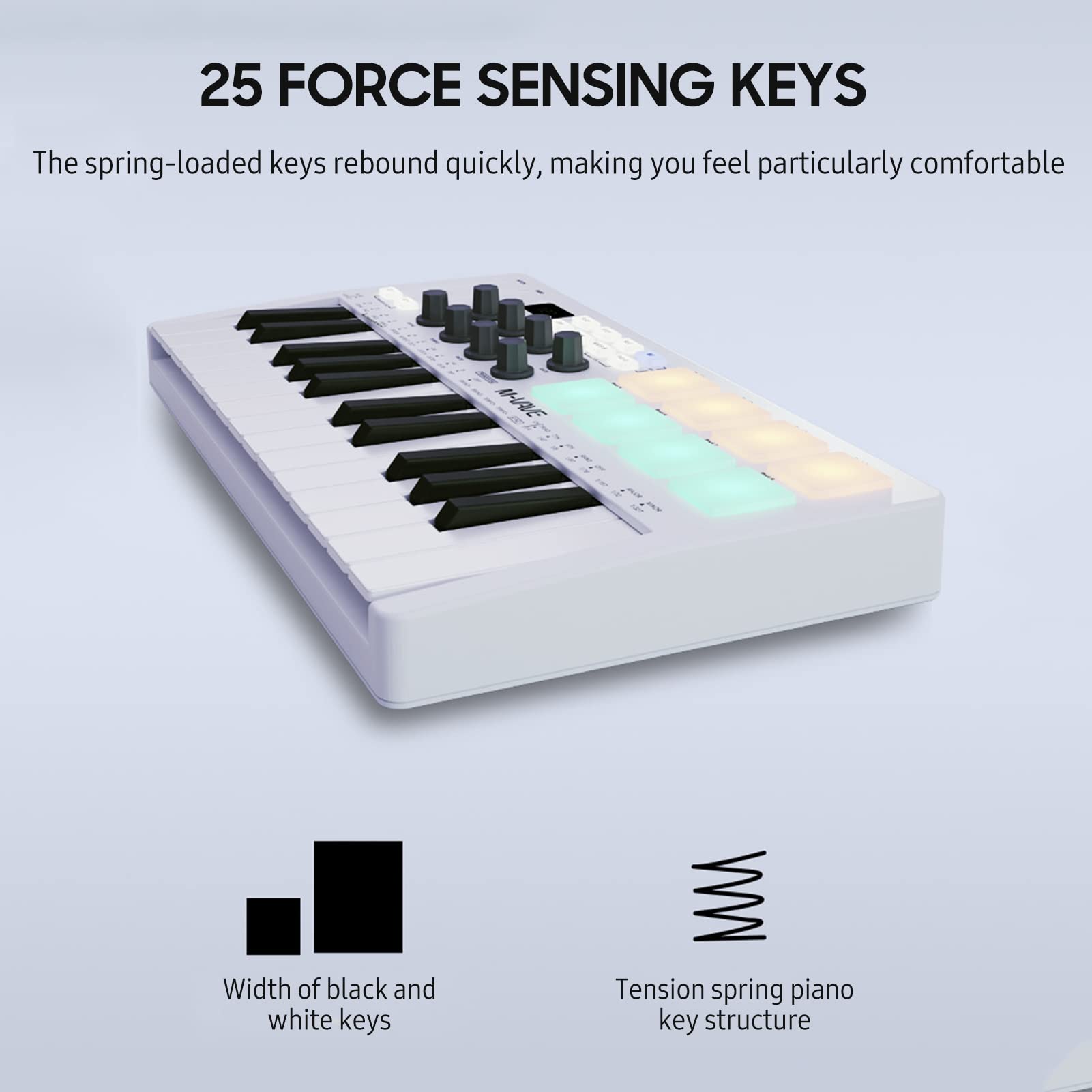 Laurio Teclado de Control Midi de 25 Teclas Mini Teclado USB portátil Controlador Midi con 25 Teclas sensibles a la Velocidad 8 Almohadillas retroiluminadas RGB 8 perillas