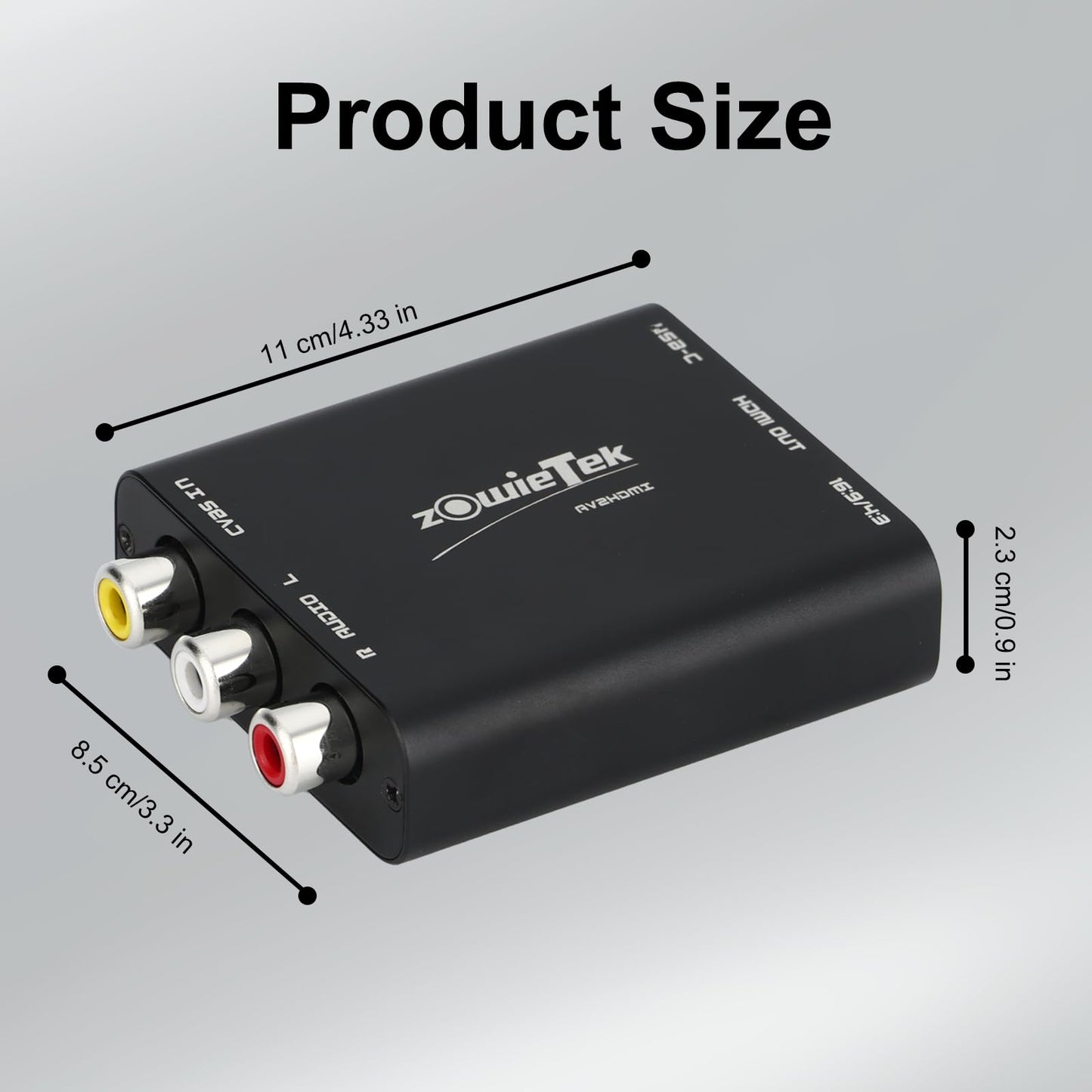 Convertidor AV/RCA/CVBS a HDMI, sin latencia para Juegos, Plug & Play, Aluminio Duradero, Switch 4:3/16:9, alimentación Tipo C, Compatible con Wii, N64, PS, SNES, DVD, VHS, VCR y PC.