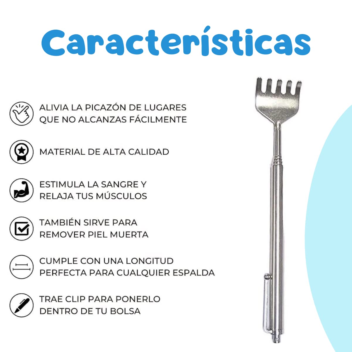 Manita Rascadora Extensible Mano De Metal Para Rascar 1pz Rascador de espalda de acero inoxidable con mango telescópico para guardarlo y llevarlo a todos lados. Manita para espalda.