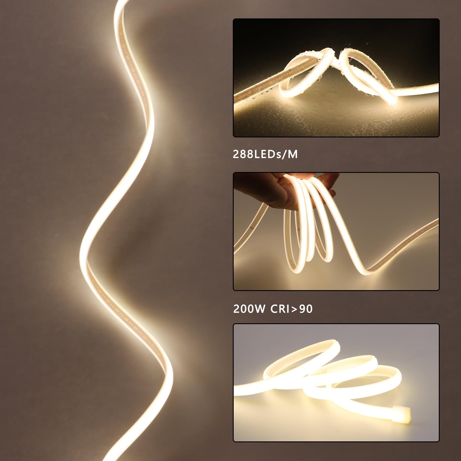 BENLUN Tira LED COB 110V 20 Metros, 4000K Blanco Natural Luces de LED Exterior Impermeable, 10W/M CRI 90+ Flexible Luz LED sin Transformador para Habitacion Techo, Decoración, Patio