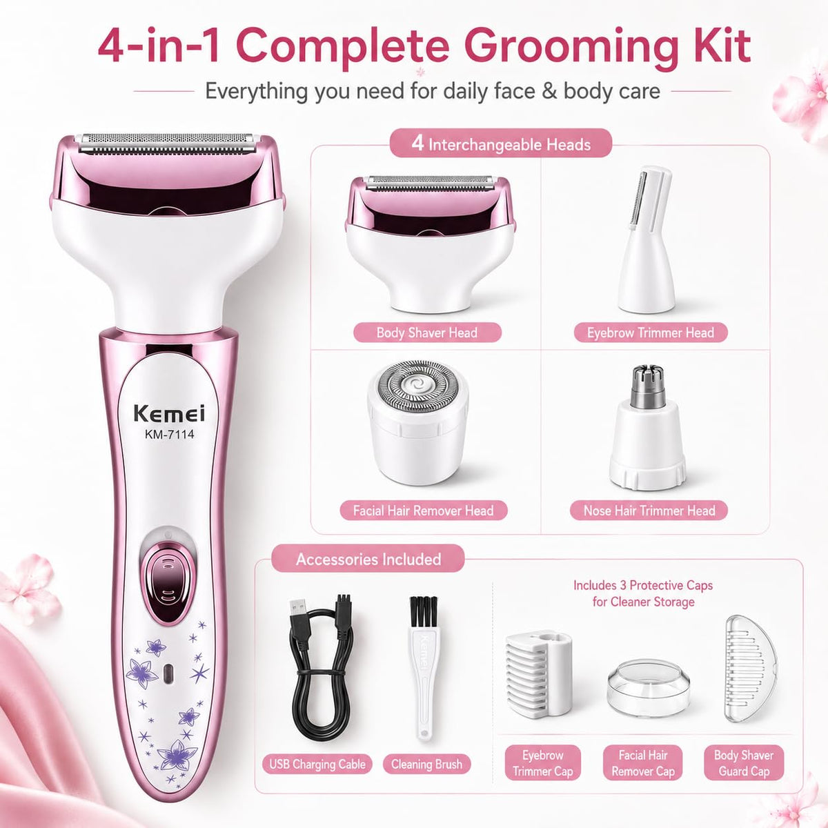 KEMEI 7114 - Maquinilla de afeitar eléctrica para mujer, 4 en 1, removedor de pelo indoloro para cara, cejas, nariz y bikini, recargable en húmedo y seco, color rosa