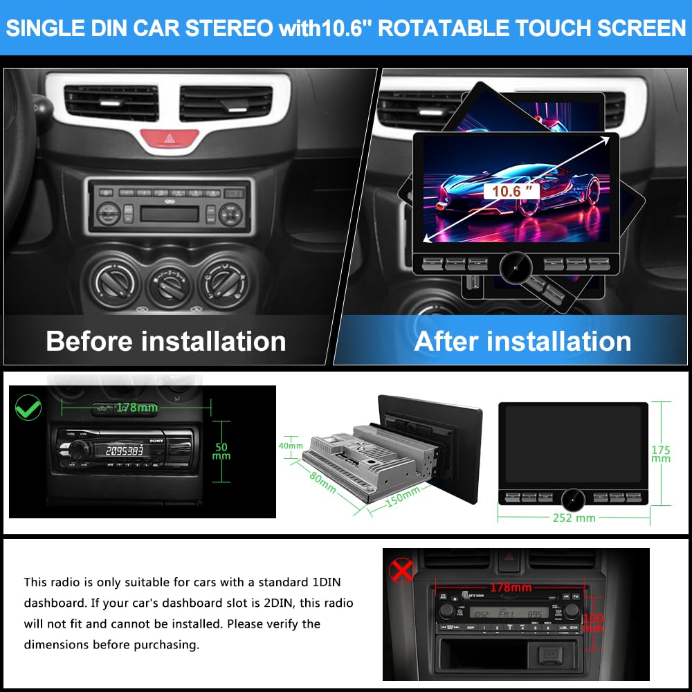 Radio de coche estéreo universal de 8 núcleos con visualización táctil giratoria 10.6, Android 13 [4 GB+64 GB]