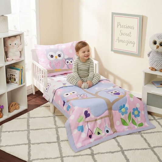 EVERYDAY KIDS Juego de ropa de cama de 4 piezas para niños pequeños - Búhos - Suave 100% Algodón Percal - Incluye edredón, sábana encimera, sábana bajera ajustable y funda de almohada reversible