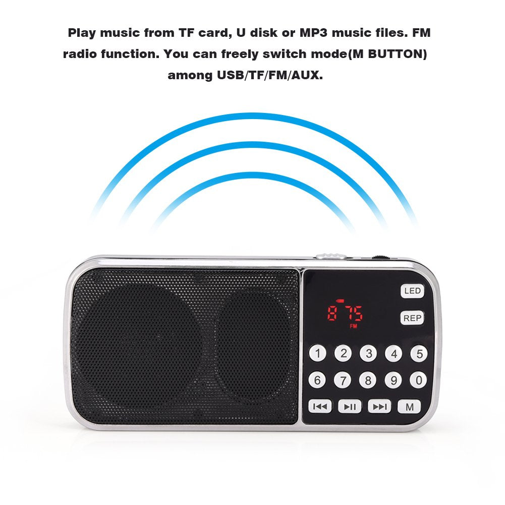 Ciglow Radio FM, Mini Portátil de Audio Digital Reproductor de Música Altavoz con Linterna LED Soporte TF Tarjeta USB AUX