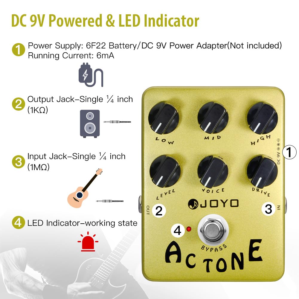 Efecto de pedal de tono de CA JOYO JF-13, pedal de amplificador analógico Vox AC30, sonido de rock británico clásico