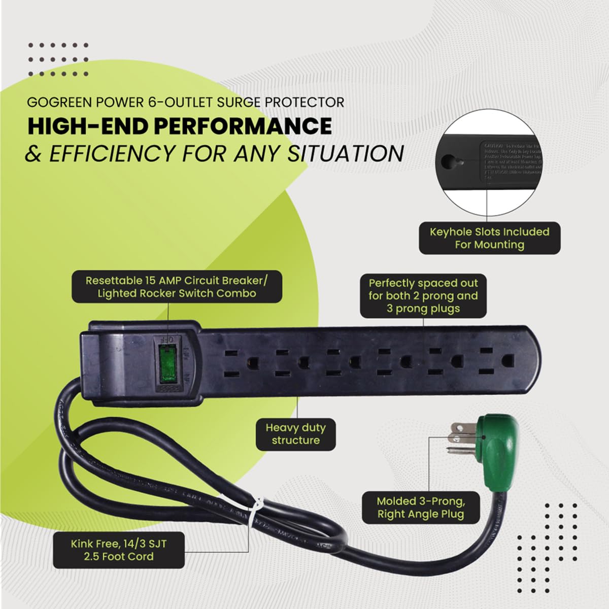 Go Green Power GG-16103MSBK 6 Outlet Surge Protector with 3-Feet Cord