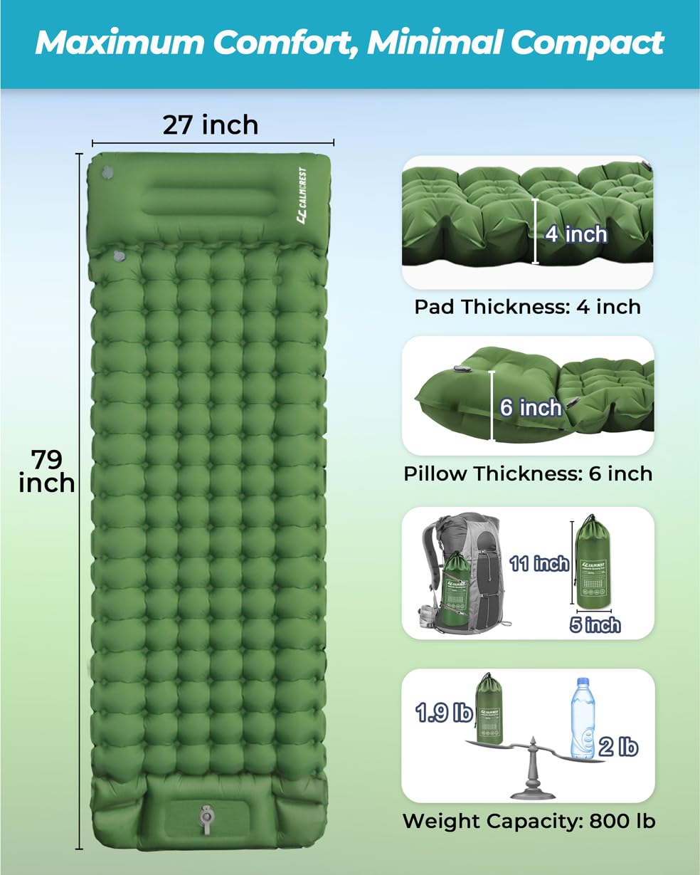 COOLERO - Cojín de dormir inflable ultraligero con bomba incorporada, almohadilla portátil para acampar, compacto, ligero, cómodo y para mochileros, senderismo