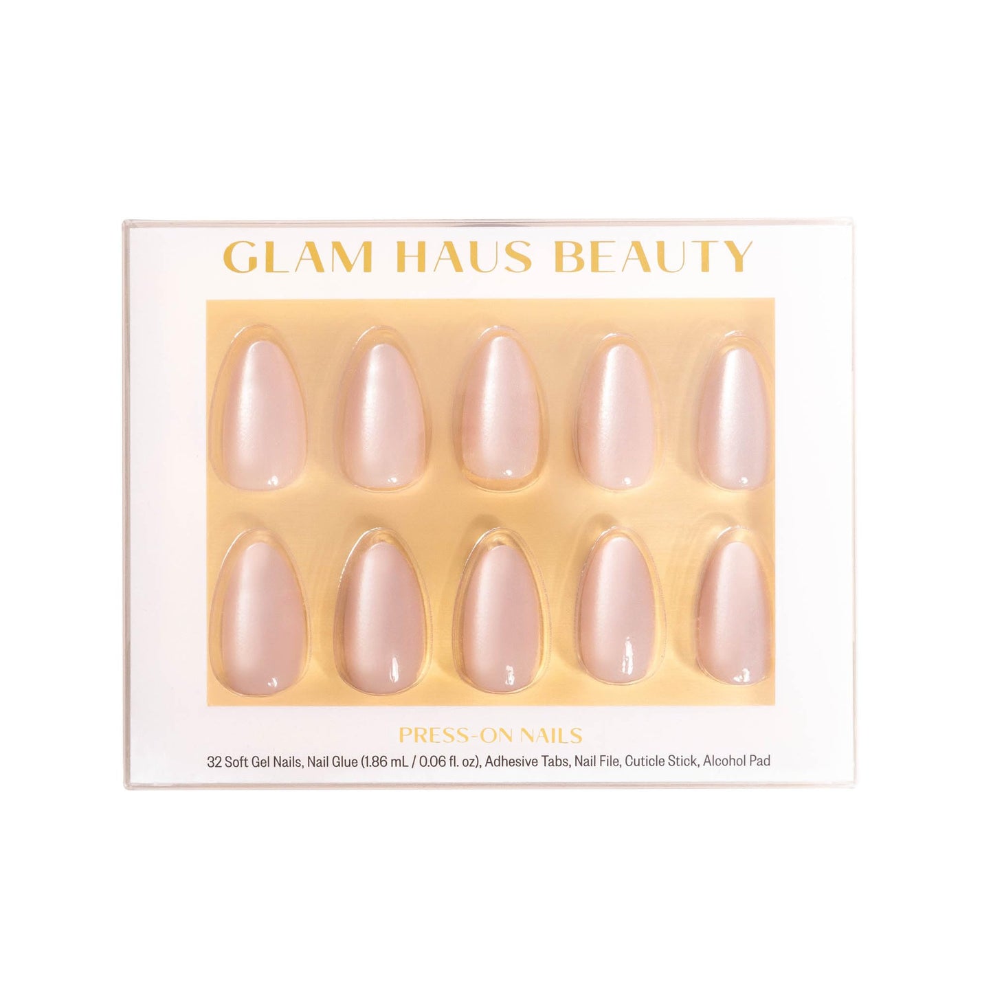 Glam Haus Beauty Uñas postizas Opulence | Acabado aterciopelado color almendra champán, calidad profesional | 16 tamaños - Kit de 32 uñas con pegamento y pestañas adhesivas