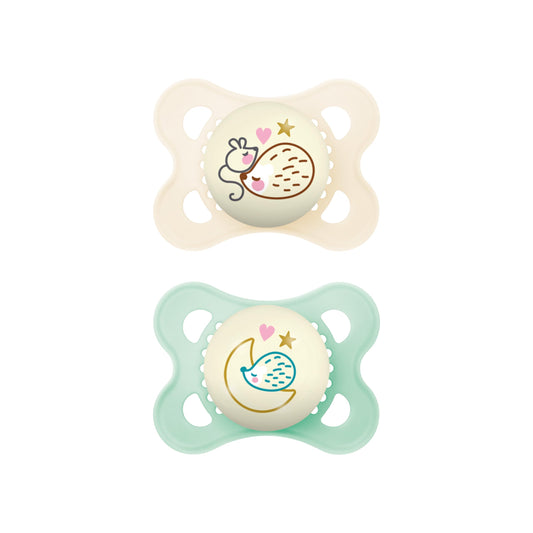MAM Glow In the Dark Pacifiers, Baby Pacifier 0-6 Months, Best Pacifier for Breastfed Babies, 'Night' Design Collection, Unisex, 2-Count