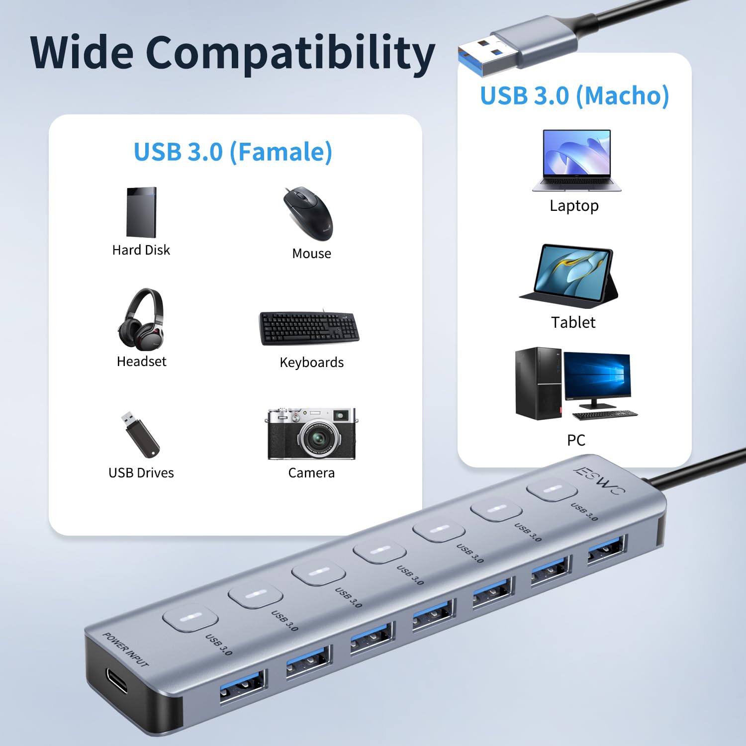 JESWO Hub USB 3.0, 7 Puertos Adaptador USB de Aluminio con LED e Interruptores, Cable de Extensión de 1m, Multi USB para PC, Portátil, Macbook Pro etc.