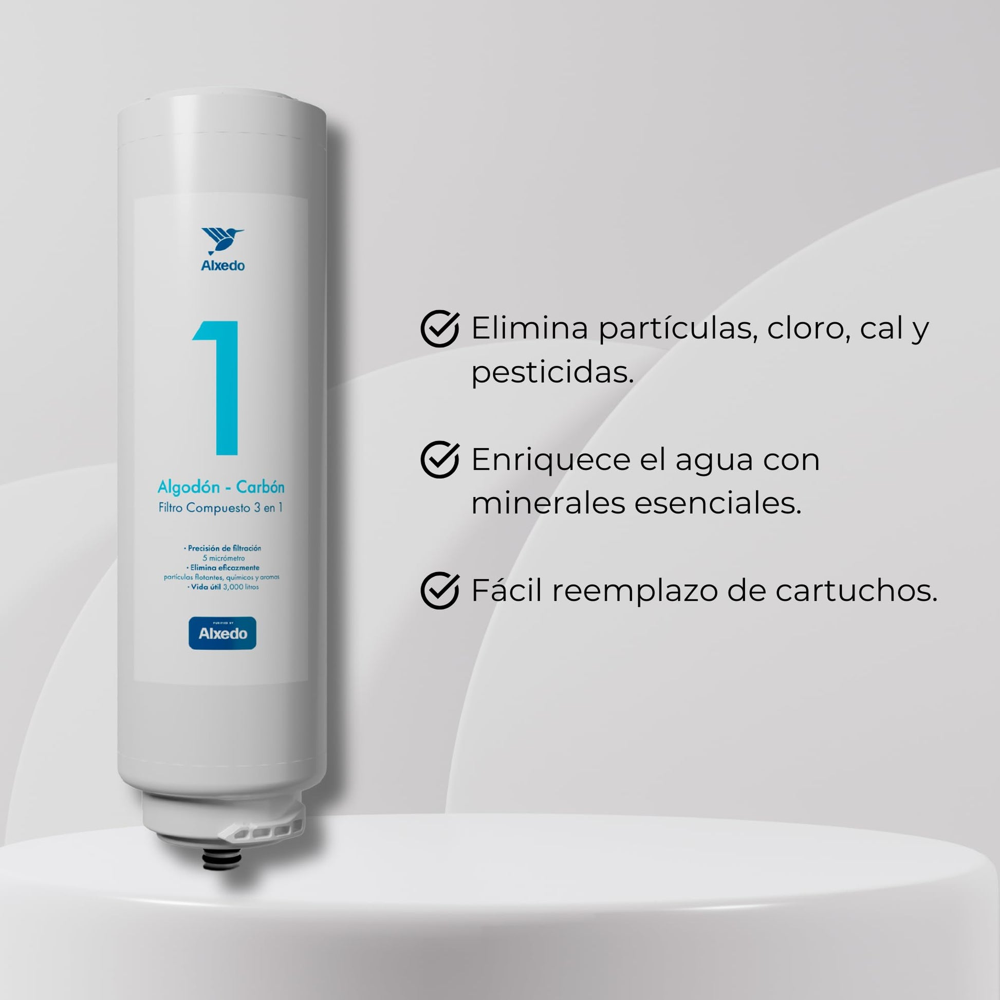 ALXEDO | Cartucho de Repuesto PC-C ALX1 | Algodón, Carbón Activado y Remineralización (PC-C) | Compatible con Purificador de Agua ALX1 | Mejora la Calidad y Sabor del Agua