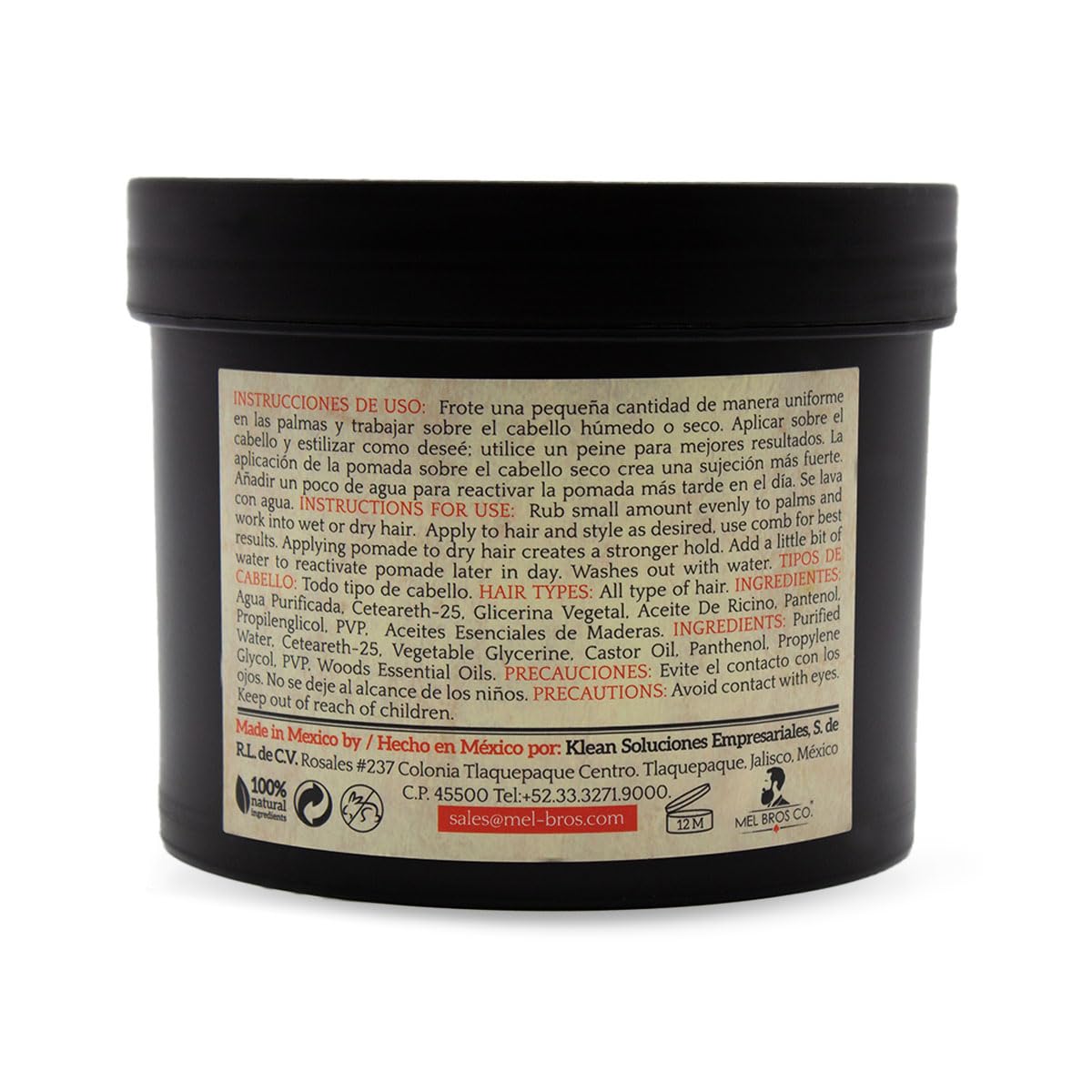 MEL BROS CO. - Hair Styling Pomade - Pomada para estilizar el Cabello. Base Agua. (32 oz / 946.35 ml, Media Fijación)