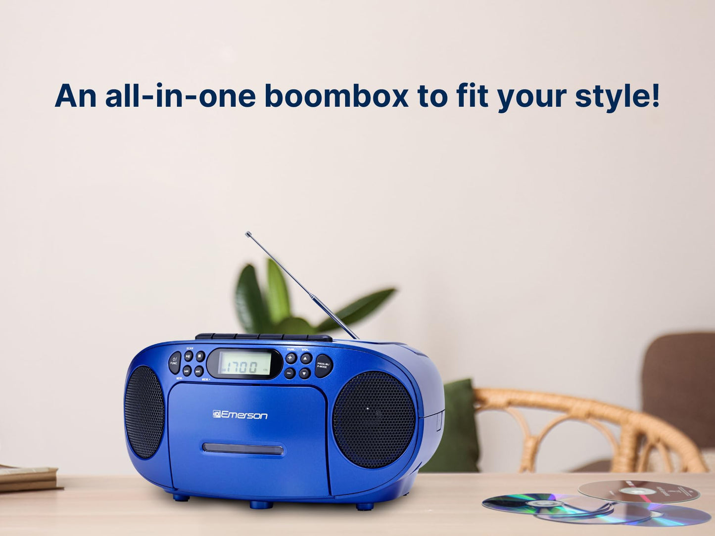 Reproductor de CD Emerson Negro con Cassette y Radio Am/FM Sistema Estéreo Portátil