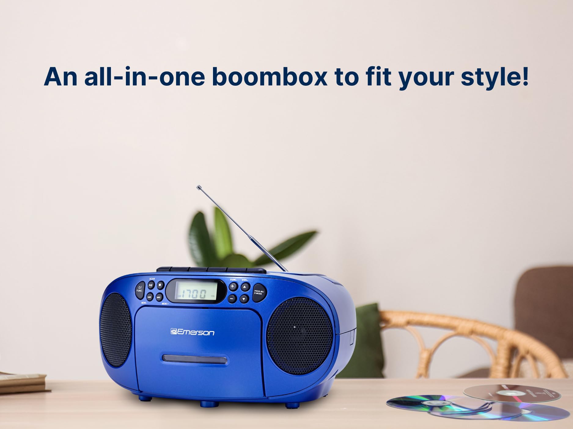 Reproductor de CD Emerson Negro con Cassette y Radio Am/FM Sistema Estéreo Portátil