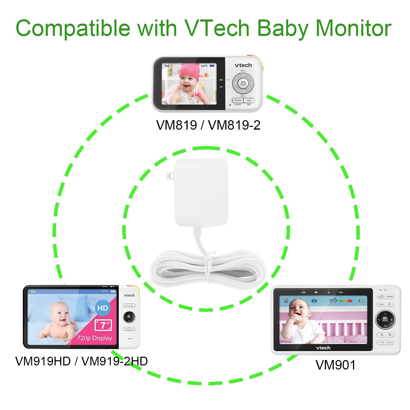LEFXMOPHY - Cable de alimentación para monitor de bebé VTech VM901 VM919HD VM919-2HD VM819 VM819-2 de poliuretano para visualización de mano (no para unidad de bebé Cam) repuesto 5V blanco cargador UL Aadpter con cable de 5 pies