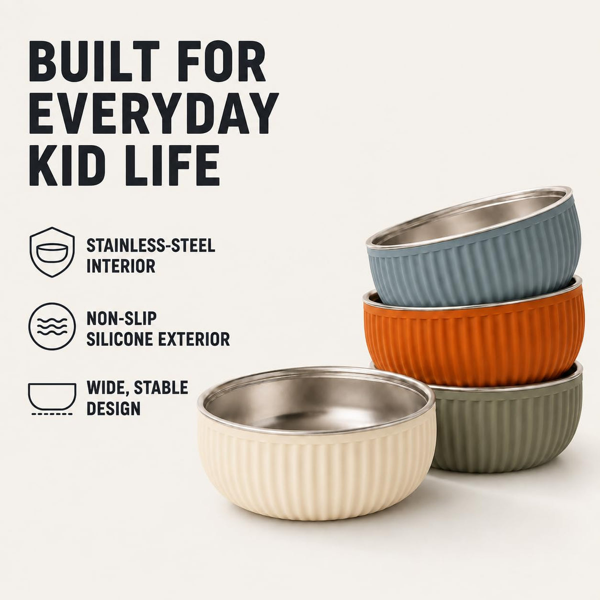 Monkey Proof - tazón para niños de acero inoxidable no tóxico de 5 pulgadas con carcasa de silicona acanalada antideslizante, (juego de 4 tazones) irrompible, sin desorden para bebés, niños pequeños