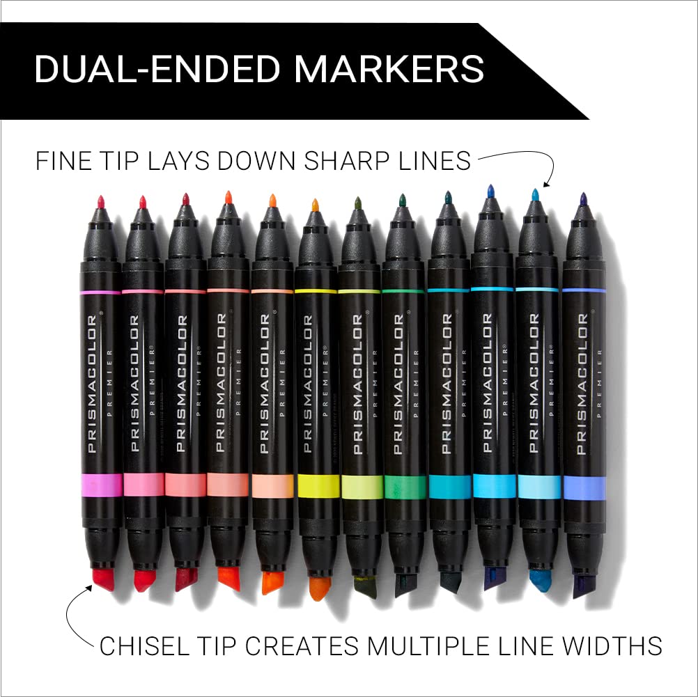 Prismacolor Premier - Marcadores artísticos de doble extremo, punta de cincel y punta fina, colores hiper brillantes, color adulto, 12 unidades