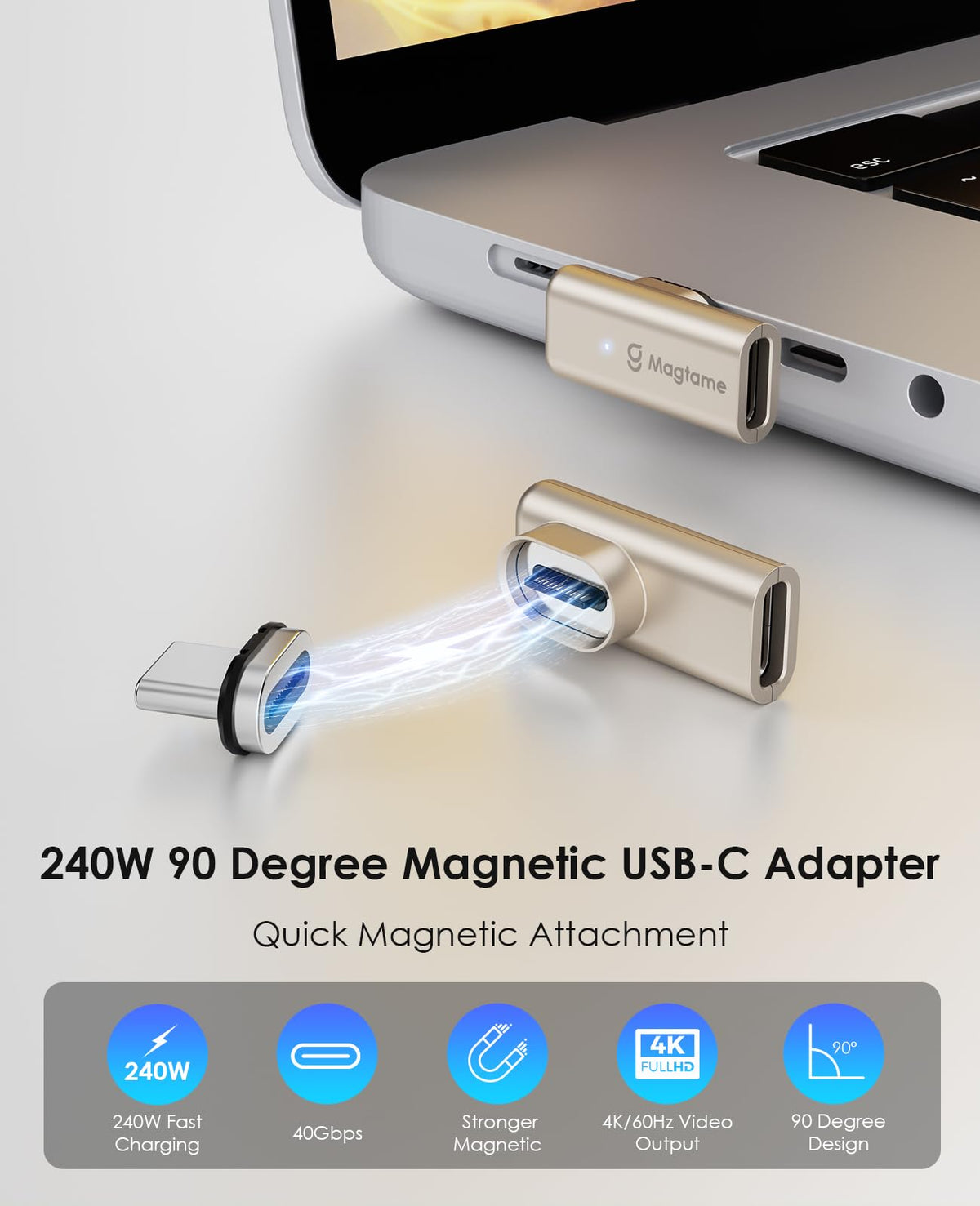Adaptador Magnético USB C de Ángulo Recto 240 W 40 Gbps Tipo C