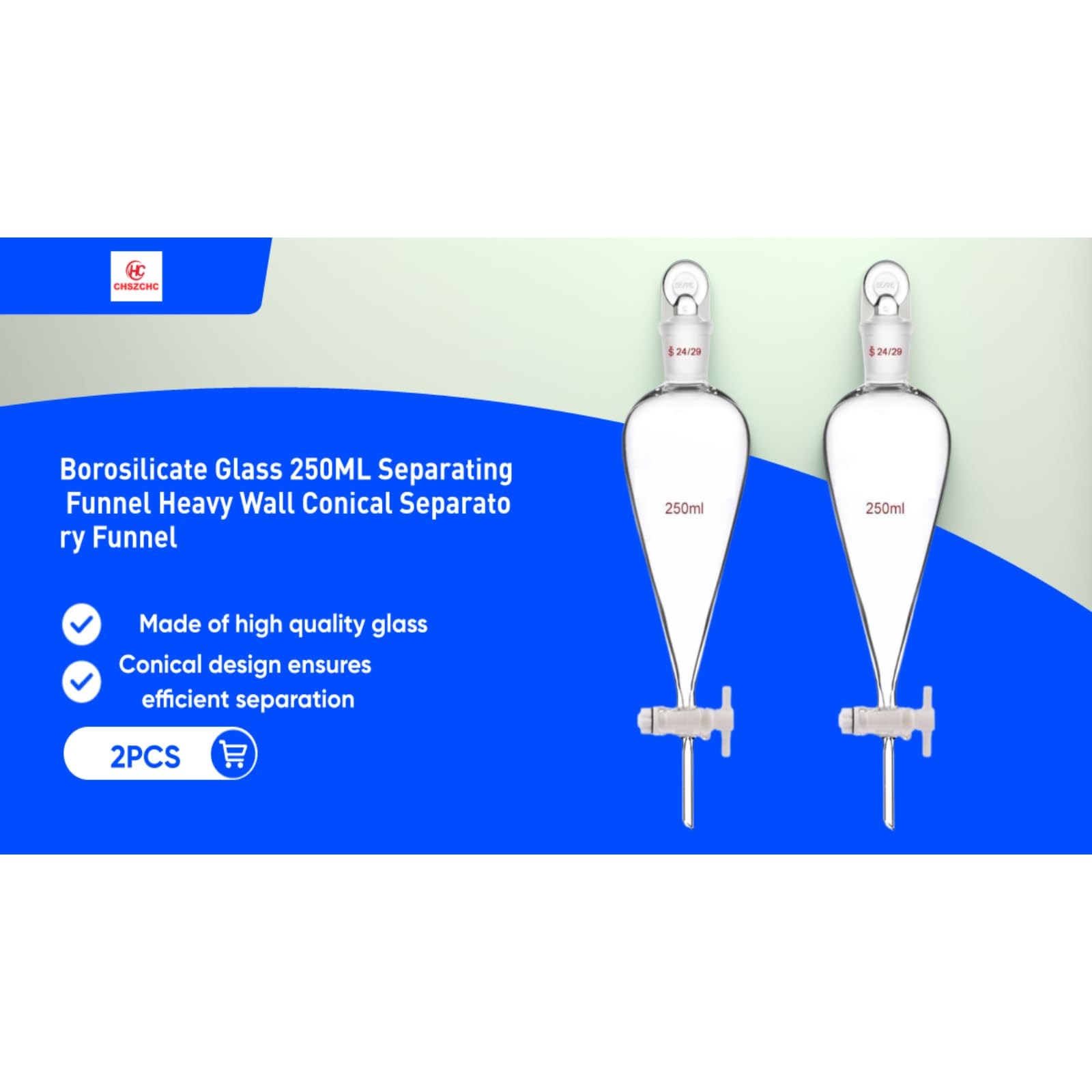 Embudo Separador de Vidrio de Borosilicato Cónico Transparente con Juntas 24/40 y Llave de Paso PTFE, 250 ml