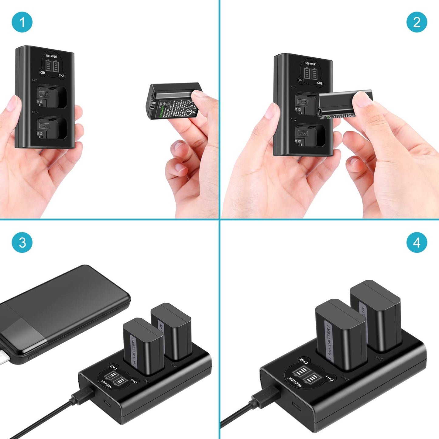 Cargador de Batería para Cámara NEEWER NP-FW50 Sony en Negro con Paquete de 2 Baterías 1100mAh y Cargador Doble Tipo C