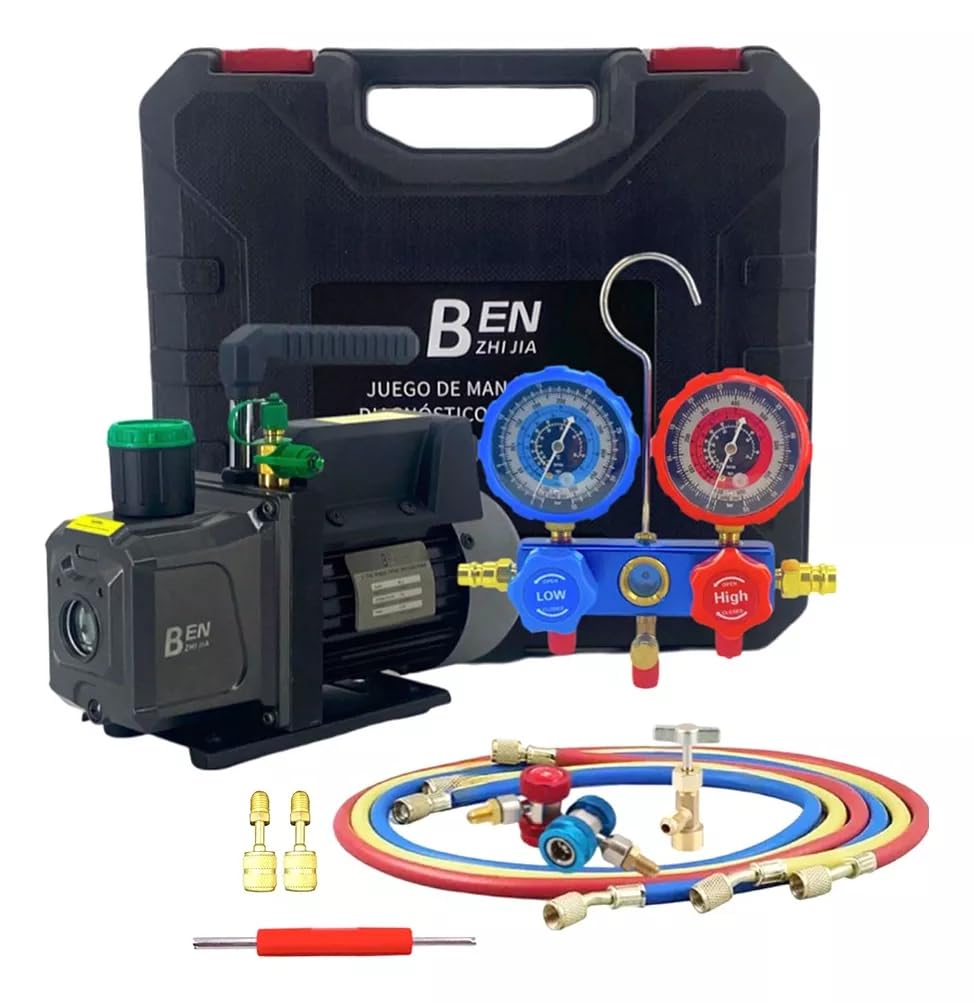 FIXITFAST 5cfm 1/3hp Bomba De Vacío + Manómetro R134a R22 R410a R404a Kit de refrigeración de colector de cuerpo de aluminio con bolsa de transporte para recarga y mantenimiento de refrigeración A/C
