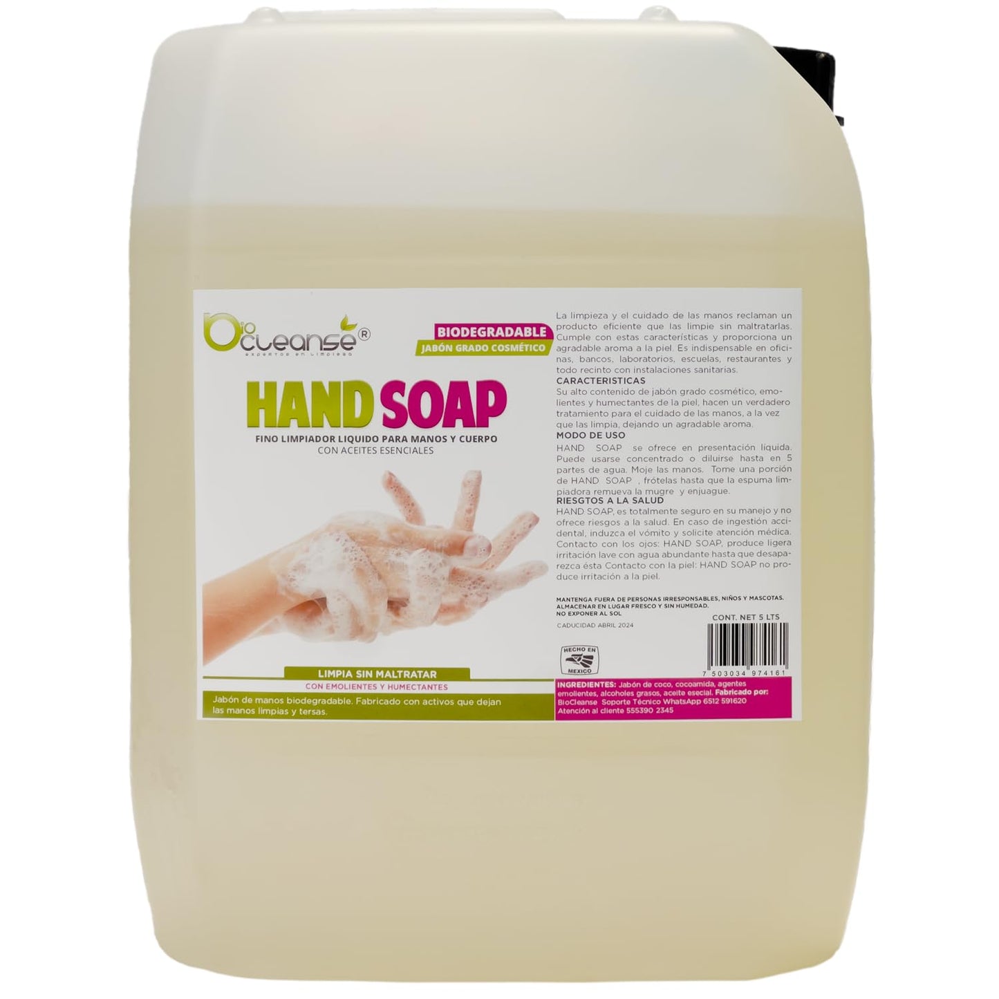 Hand Soap 5 Lts | Jab?n L?quido para Manos y Cuerpo Biodegradable sin Parabenos Fosfatos y Colorantes con Emolientes y Humectantes Aromatizado con Aceite Esencial de Germen de Trigo que Aporta