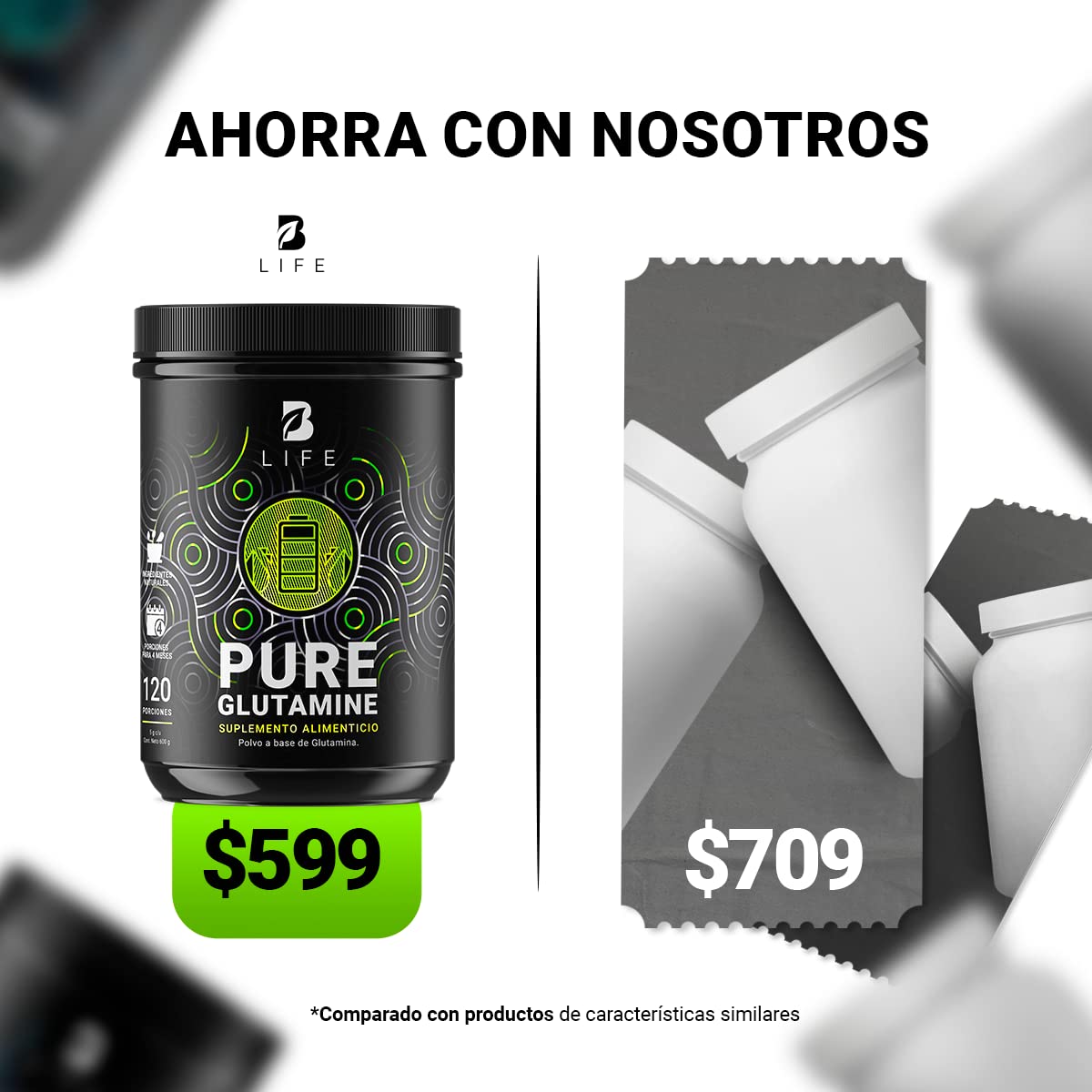 Glutamina Micronizada de 600g con 120 servicios. Ingredientes naturales. Pure Glutamine B Life.