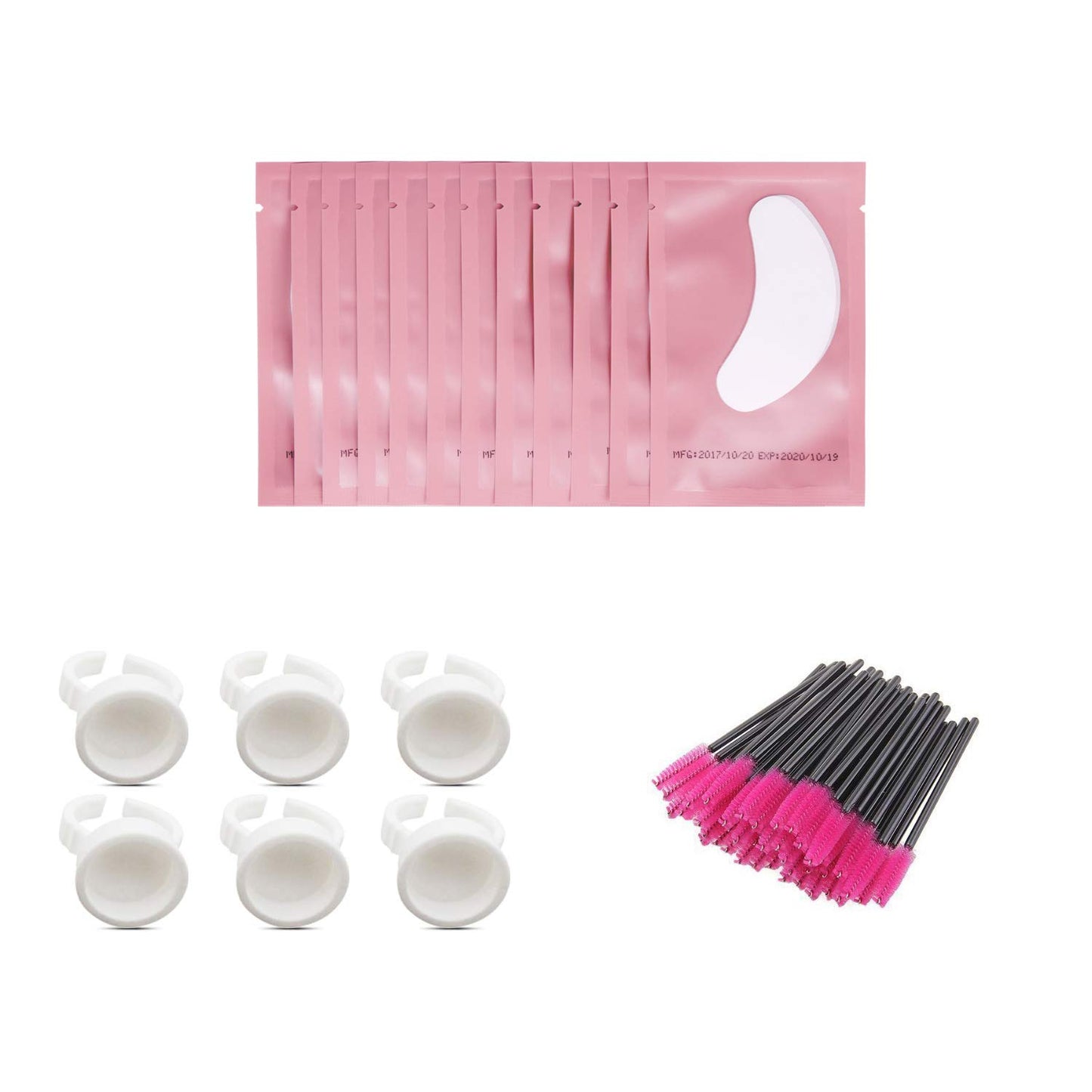3x100 Packs- Lint Free Lash Extension Eye Gel Patches& Glue Rings Holder Eyelash Extension Rings& Eyelash Mascara Brushes Wands