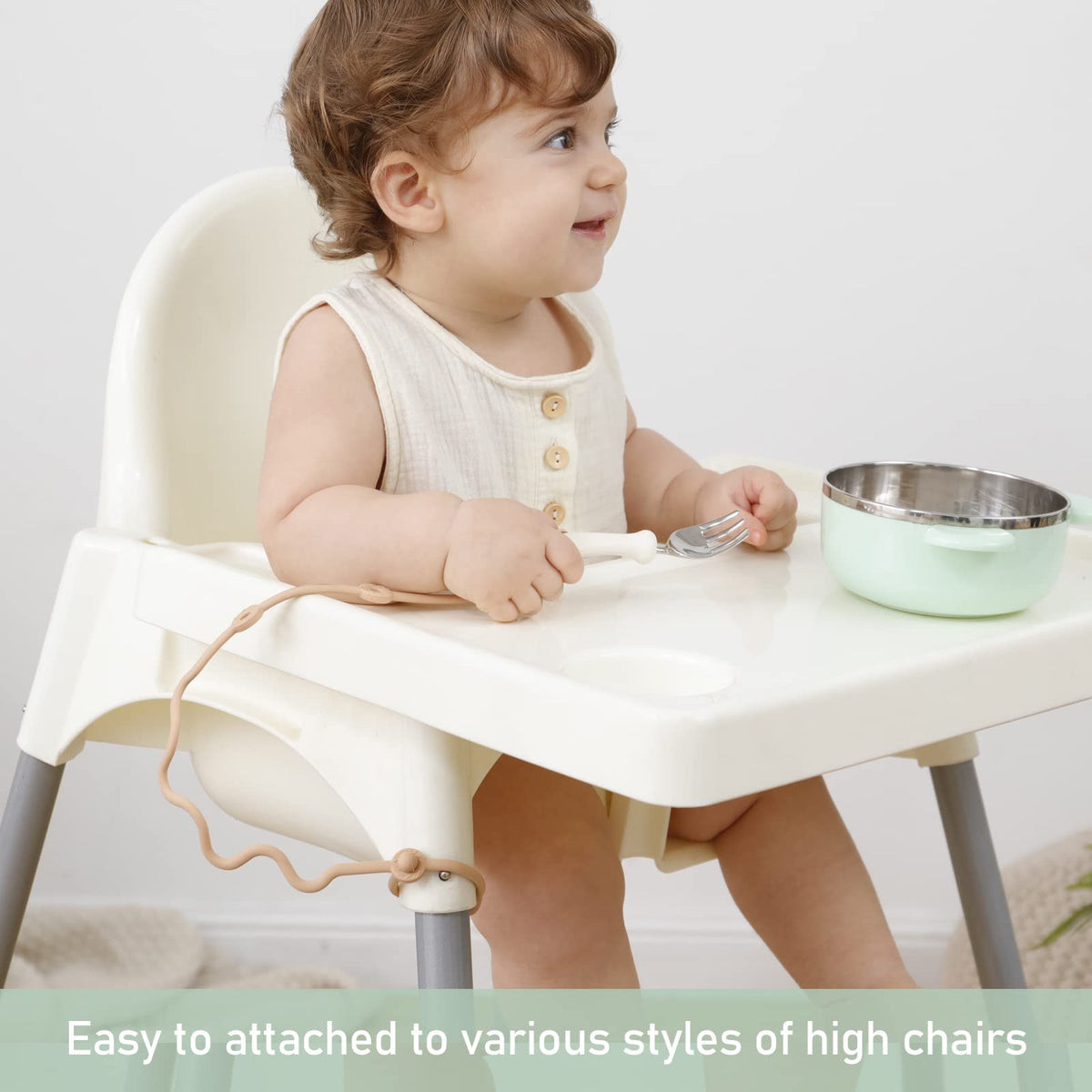 SMAutoLife - Utensilios para niños pequeños, tapas elásticas de silicona para tenedor y cuchara, correa de soporte de silicona de grado alimenticio para mantener el tenedor y la cuchara fuera del piso