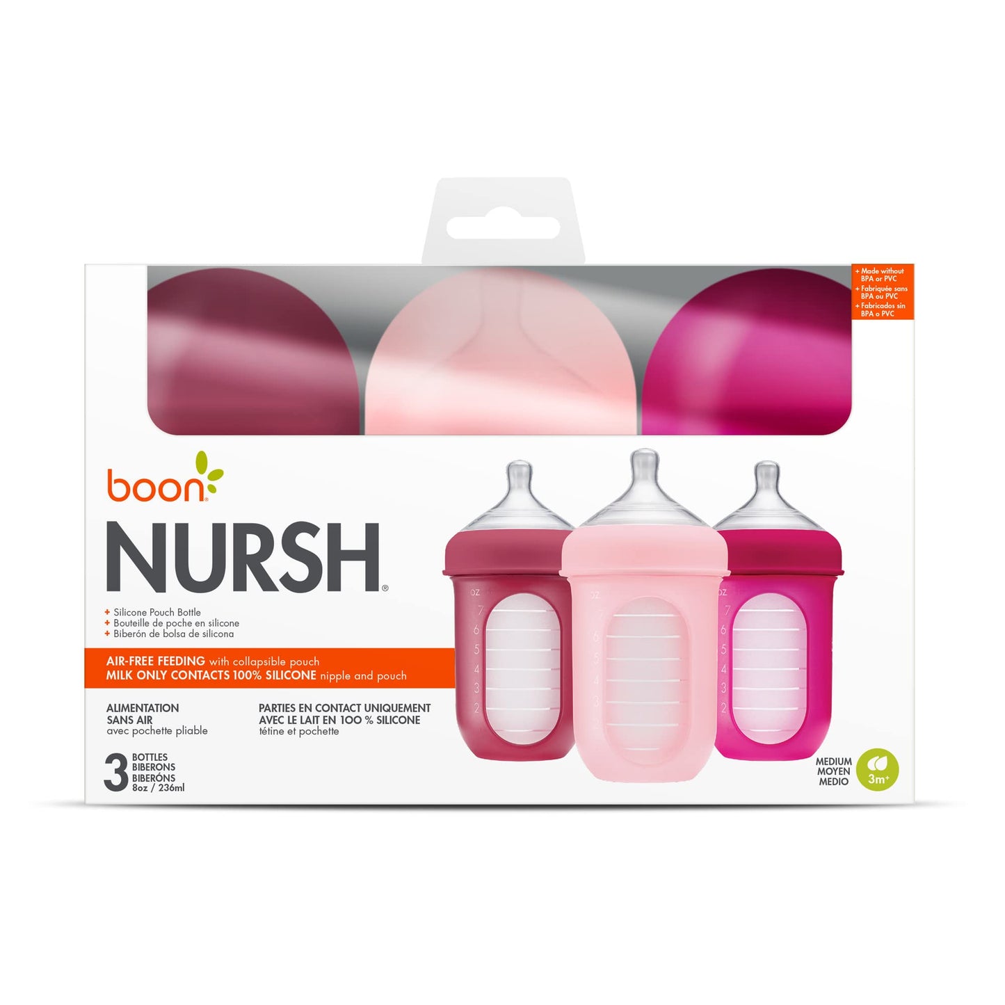 Boon Nursh - Bolsa de silicona reutilizable para biberones – Pezón de flujo medio – Bolsa de silicona para biberones y pezones – Esenciales para la alimentación del bebé – Rosa – 3-6 meses – 3