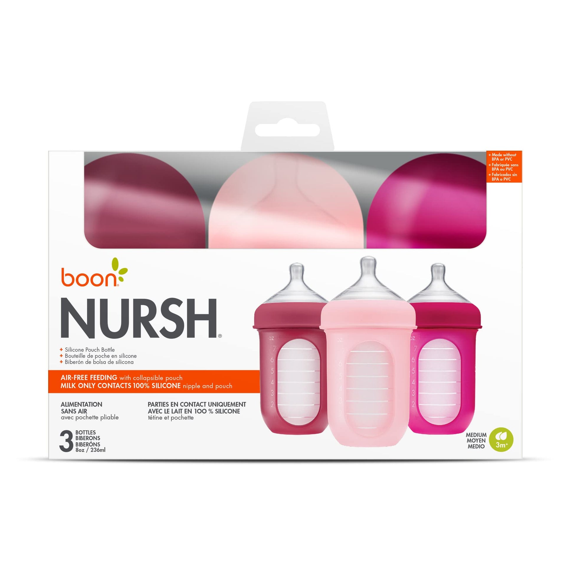 Boon Nursh - Bolsa de silicona reutilizable para biberones – Pezón de flujo medio – Bolsa de silicona para biberones y pezones – Esenciales para la alimentación del bebé – Rosa – 3-6 meses – 3