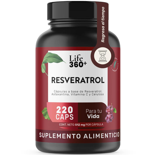 LIFE 360+ Resveratrol | 220 Cápsulas | Antioxidante de 1024 mg por porción | Resveratrol, Astaxantina, Vitamina C y Celulosa | Suplementos Alimenticios | 110 Porciones por Envase | Sin Colorantes Añadidos