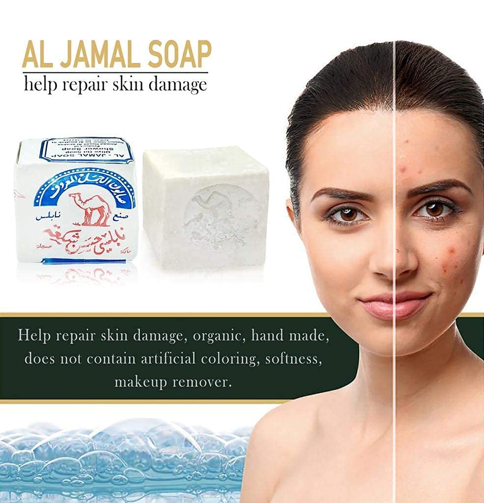 Al Jamal Barra de jabón de aceite de oliva Nablus Al Jamal de la Tierra Santa 4.6 oz, Blanco, 6 Bars