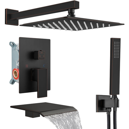 Sistema de Ducha de Lluvia Midanya Bronce con toques de Aceite Mezclador con Boquilla de Cascada y Pulverizador de Mano de 10 Pulgadas para Bañera