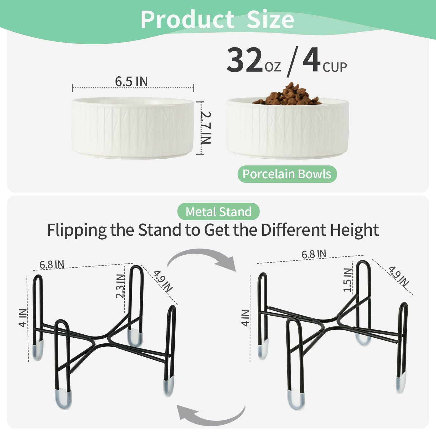 Cuencos de cerámica para perros y gatos de 32 onzas con soporte de metal elevado, tazón redondo de cerámica de 6.5 pulgadas para alimentos y alimentos para mascotas y perros, blanco, juego de 2