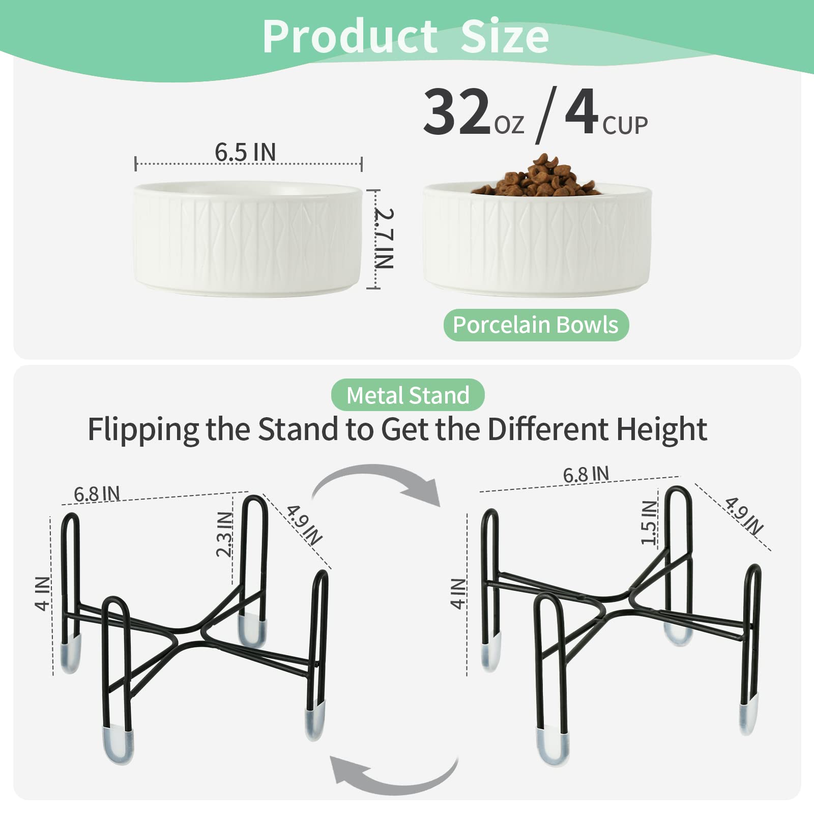 Cuencos de cerámica para perros y gatos de 32 onzas con soporte de metal elevado, tazón redondo de cerámica de 6.5 pulgadas para alimentos y alimentos para mascotas y perros, blanco, juego de 2