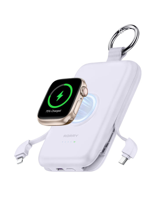 Power Bank RORRY Púrpura 10000mAh con Cables Integrados para iPhone y Apple Watch