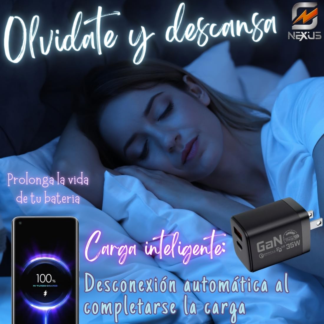 Cargador Celular Inteligente GaN Carga Rápida USB C 35W NEXUS Cable USB C 2m incluido Compatible con todas las marcas iPhone 12 al 15 Samsung S22 S23 S24 Xiaomi o Audífonos Tablets Drones Cámaras ipad