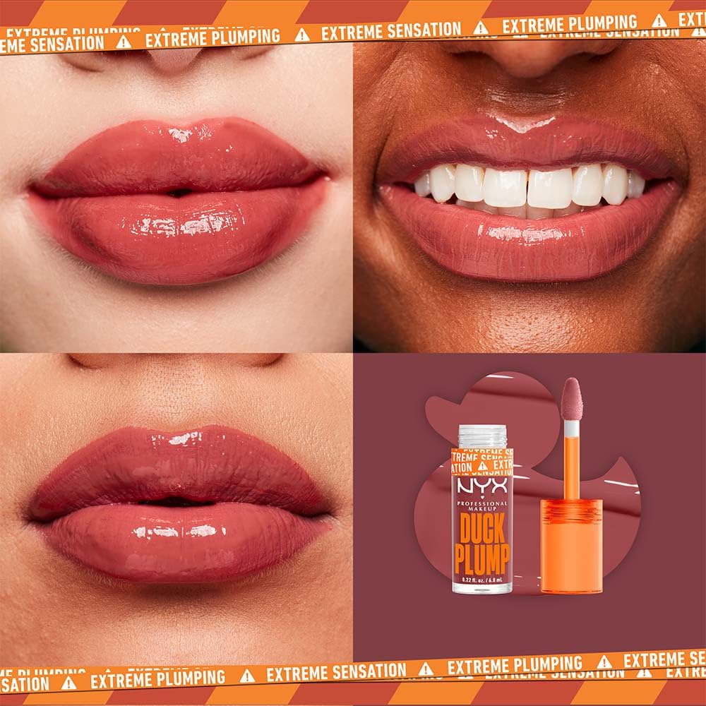NYX Professional Makeup, Duck Plump, 7ml. Tono: Mauve Out my Way. Brillo labial voluminizador con efecto plumping para un volumen instantáneo. Gloss infusionado con jengibre picante para un volumen visible y de larga duración. Fórmula vegana.