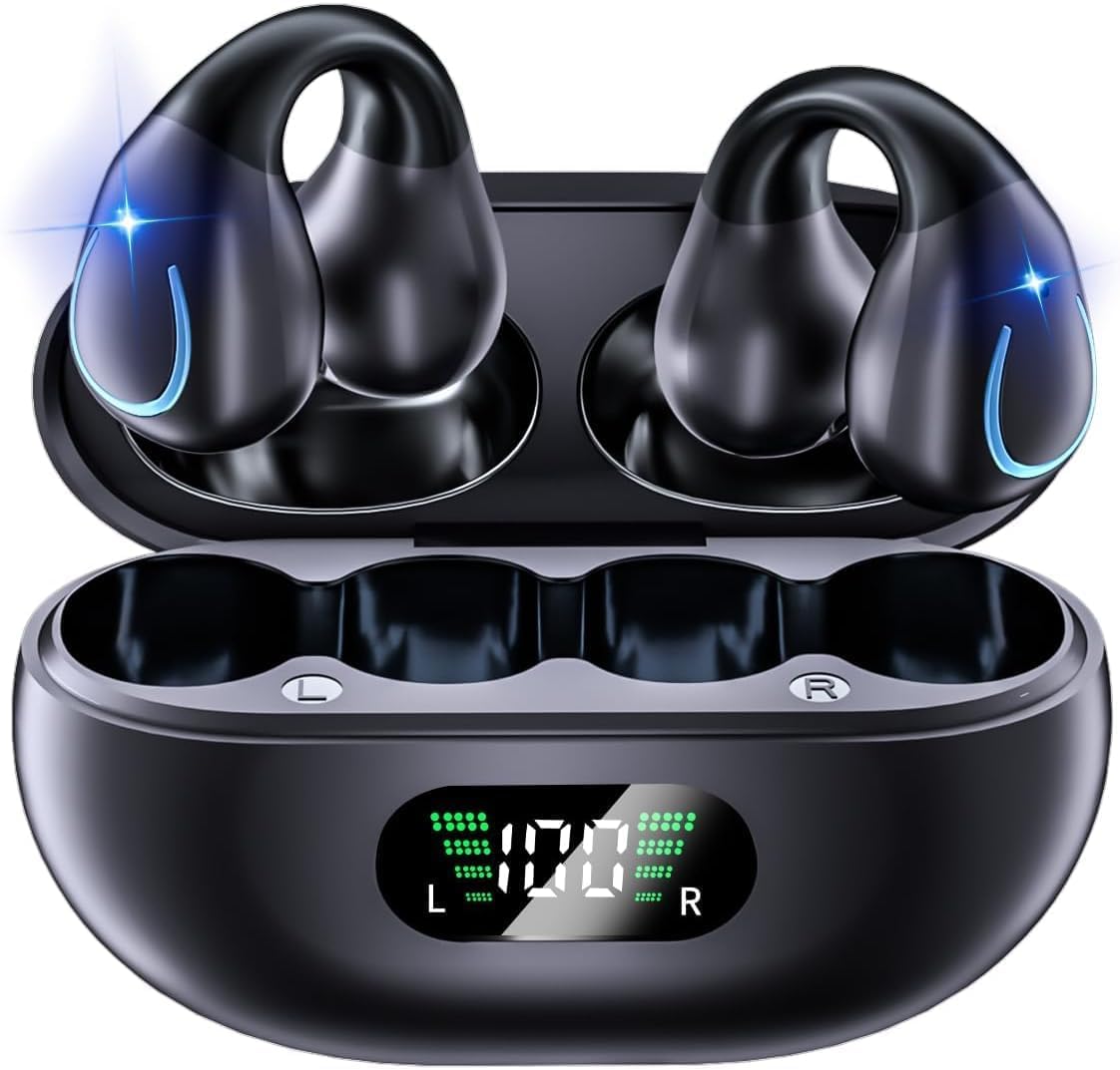 Auriculares Deportivos Bluetooth 5.3 de Conducción Ósea con Clip en Negro y Estuche de Carga Digital 60 Horas de Reproducción